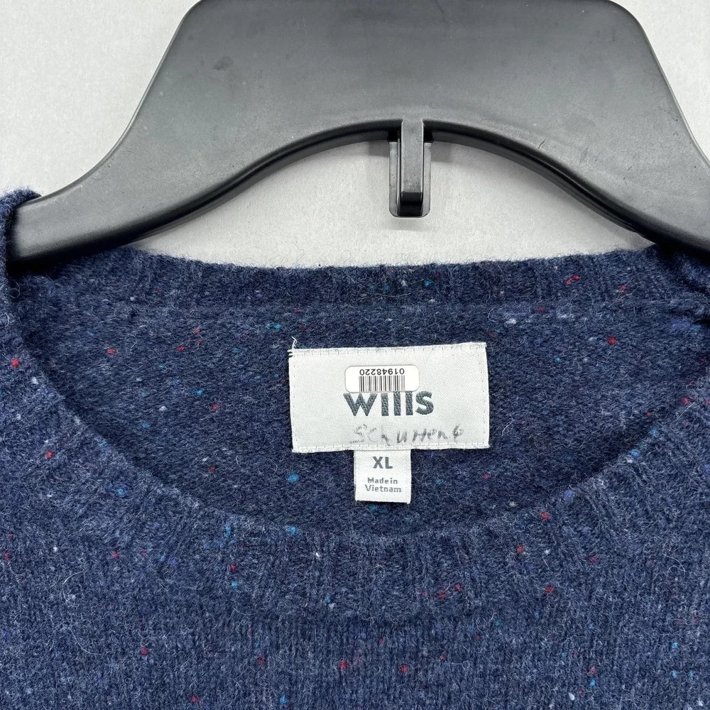 Wills Sweater Mens XL‎ Blue 100% Wool Crewneck Speckled Knit Pullover Raglan
